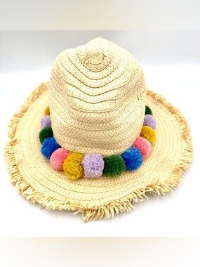 Mini Boden Straw Sun Hat with Multicolor Pom Poms